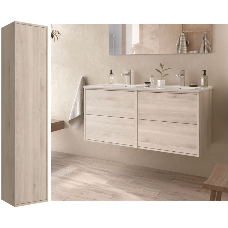 Salgar - Meuble de salle de bain 120 cm Dimensions 120 cm Couleur Chêne naturel Miroir Sans miroir Colonne de rangement Avec colonne