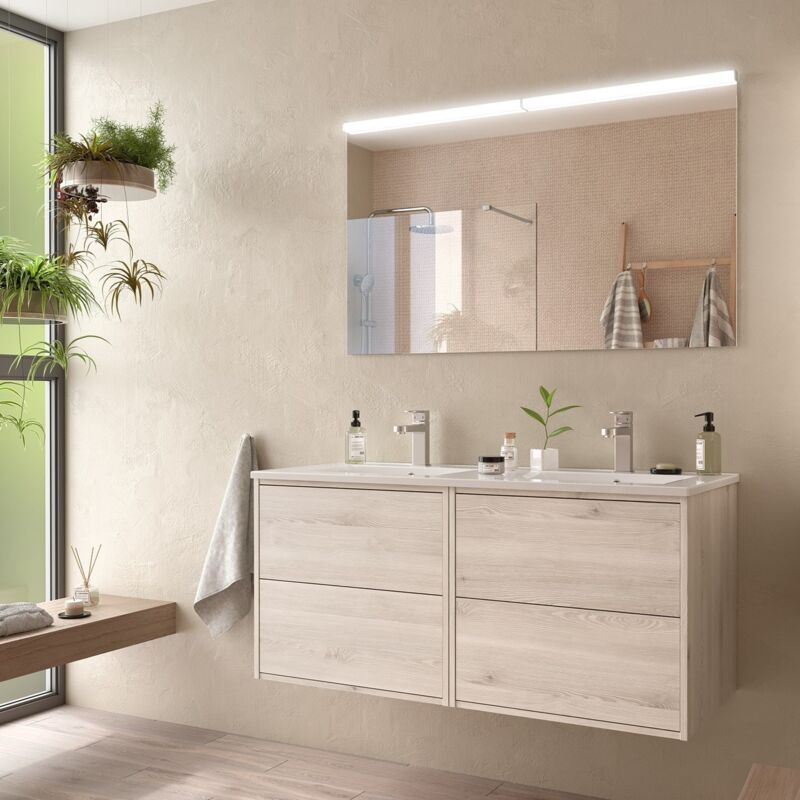 Salgar - Meuble de salle de bain 120 cm Dimensions 120 cm Couleur Chêne naturel Miroir Avec miroir + led Colonne de rangement Sans colonne