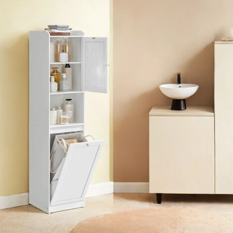 Meuble de Salle de Bain, Panier à Linge, Placard de Rangement Haut, Sac Intérieur Amovible avec Poignées, Compartiment avec Porte, 40 x 40 x 170 cm, Blanc