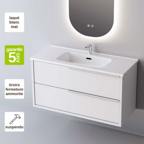 Meuble de salle de bain plan vasque Céramique, 2 Tiroirs Poignée Inox Satiné, l60xh54xp45, Laqué Blanc Mat, LIKE