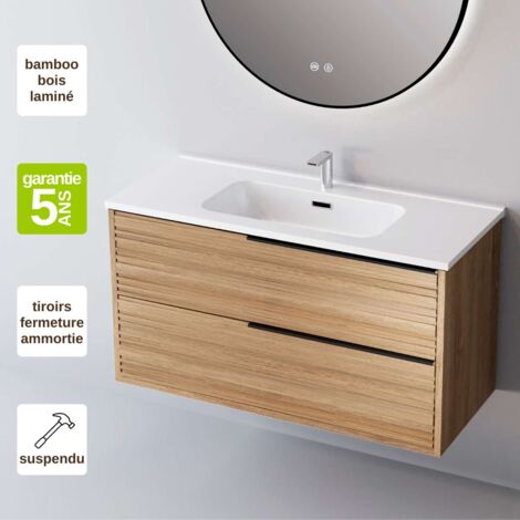 Meuble de salle de bain plan vasque Céramique, 2 Tiroirs,l80xh54xp45, Chêne Naturel Pognée Noire, BAMBOO