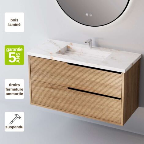 Meuble de salle de bain plan vasque Grès Cérame Blanc Storm, 2 Tiroirs Chêne Naturel, Poignée Noir, l80xh54xp45, Effet 3D, LISTELLO