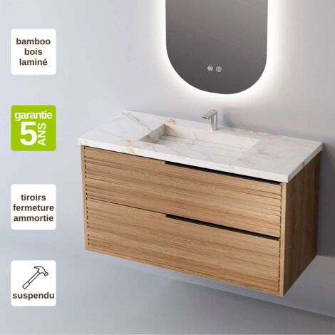 Meuble de salle de bain plan vasque Grès Cérame Blanc Storm, 2 Tiroirs,l100xh54xp45, Chêne Naturel Pognée Noire, BAMBOO