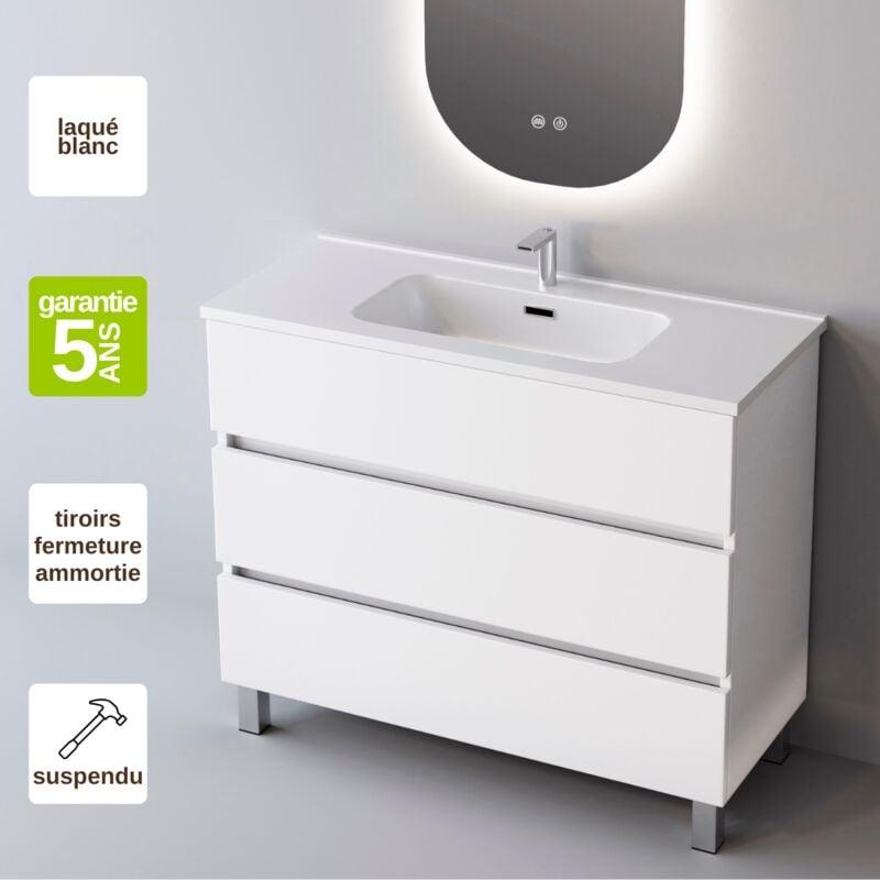 Meuble de salle de bain plan vasque Céramique, 3 Tiroirs,l80xh90xp45, Laqué Blanc Brillant, atrani