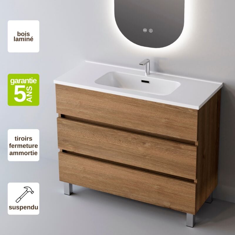 Sanizeo - Meuble de salle de bain plan vasque Céramique, 3 Tiroirs,l80xh90xp45, Chêne Naturel, atrani