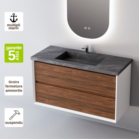 Meuble de salle de bain plan vasque Grès Cérame Noir Allure, 2 Tiroirs,l80xh54xp45, Laqué Blanc Mat/Blanc, COOL