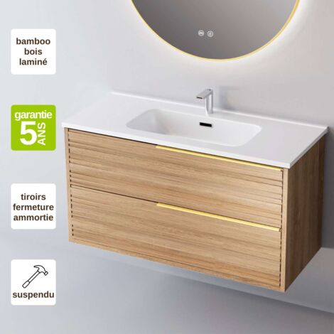 Meuble de salle de bain plan vasque Solide Surface, 2 Tiroirs,l80xh54xp45, Chêne Naturel Poigné Or, BAMBOO