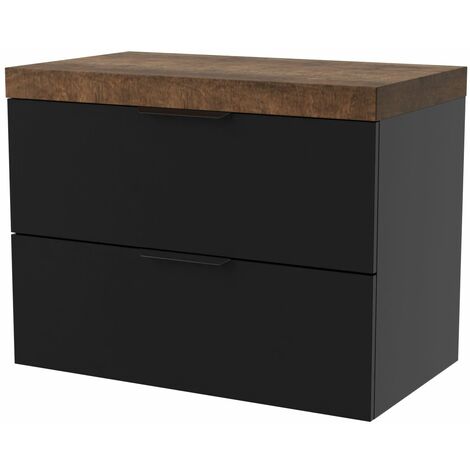 Meuble de salle de bain PLAY 80cm Noir Mat + plan vasque à poser Chêne Foncé - Allibert - Noir