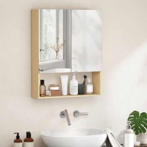 Meuble de salle de bain, portes miroir, étagère ouverte, fixation murale, MDF, aggloméré, chêne