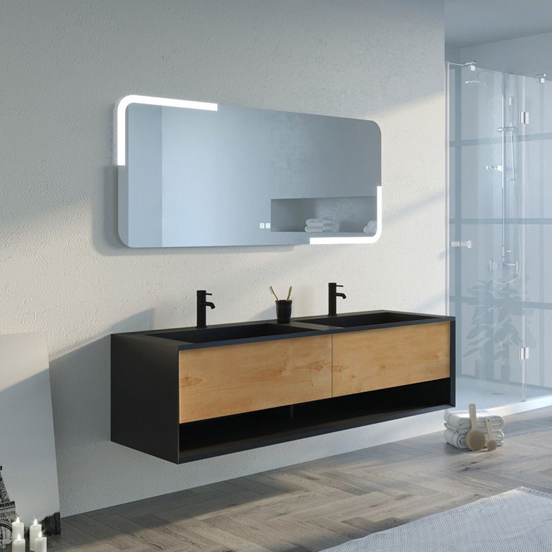 Distribain - Meuble de salle de bain Portofino 1600 Noir et Bois Naturel (sans miroir)