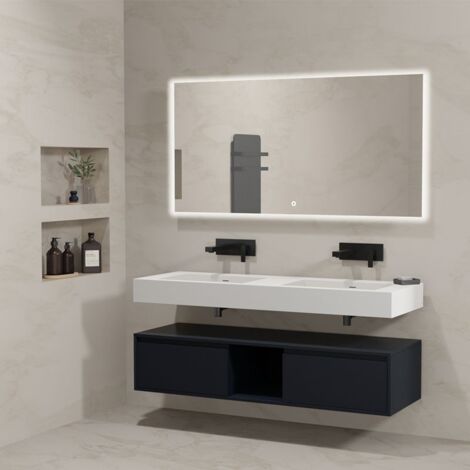 Distribain – Meuble sous vasque simple 140 cm noir – Double vasque en résine blanc mat – Meuble suspendu avec rangement – Miroir avec éclairage LED
