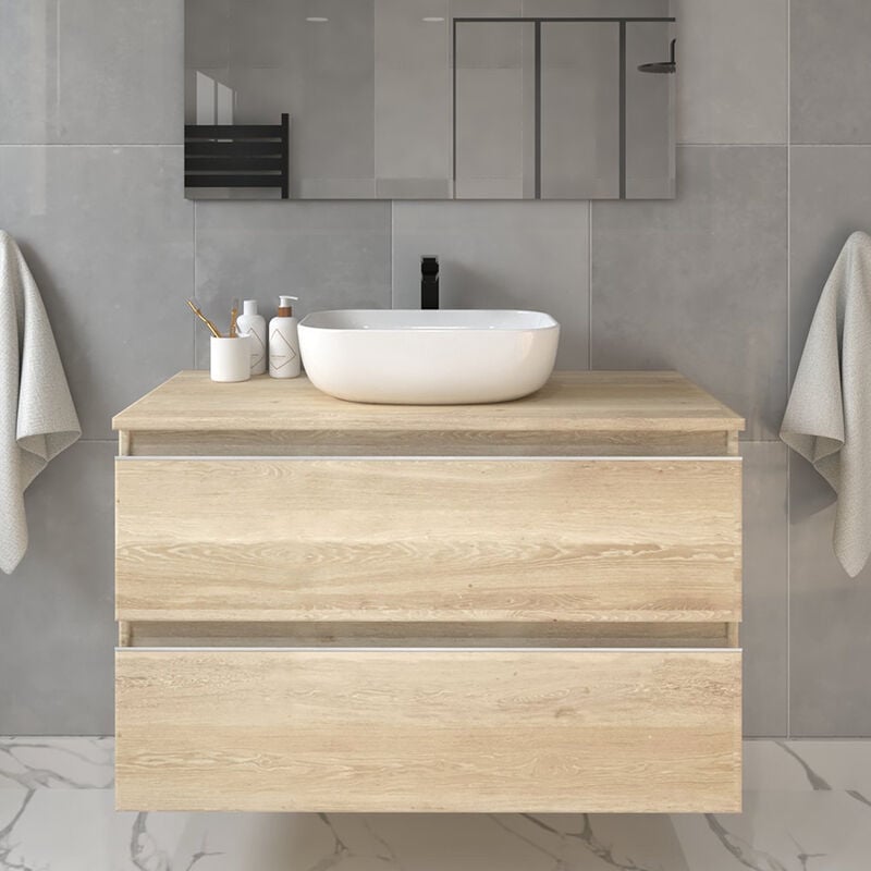 Cosyneo - Meuble de salle de bain sans miroir avec vasque à poser arrondie - bambou (chêne clair) - balea - 70cm