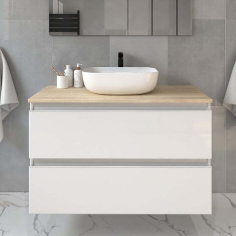 Meuble de salle de bain sans miroir avec vasque à poser arrondie - blanc - BALEA - 80cm