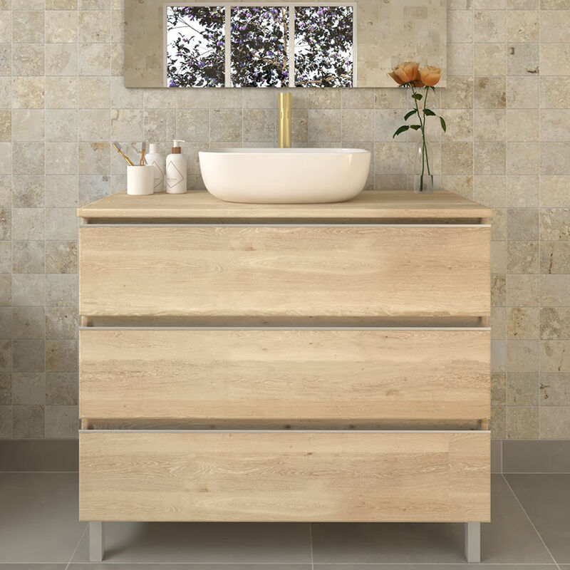 Cosyneo - Meuble de salle de bain sans miroir avec vasque à poser arrondie - bambou (chêne clair) - palma - 70cm