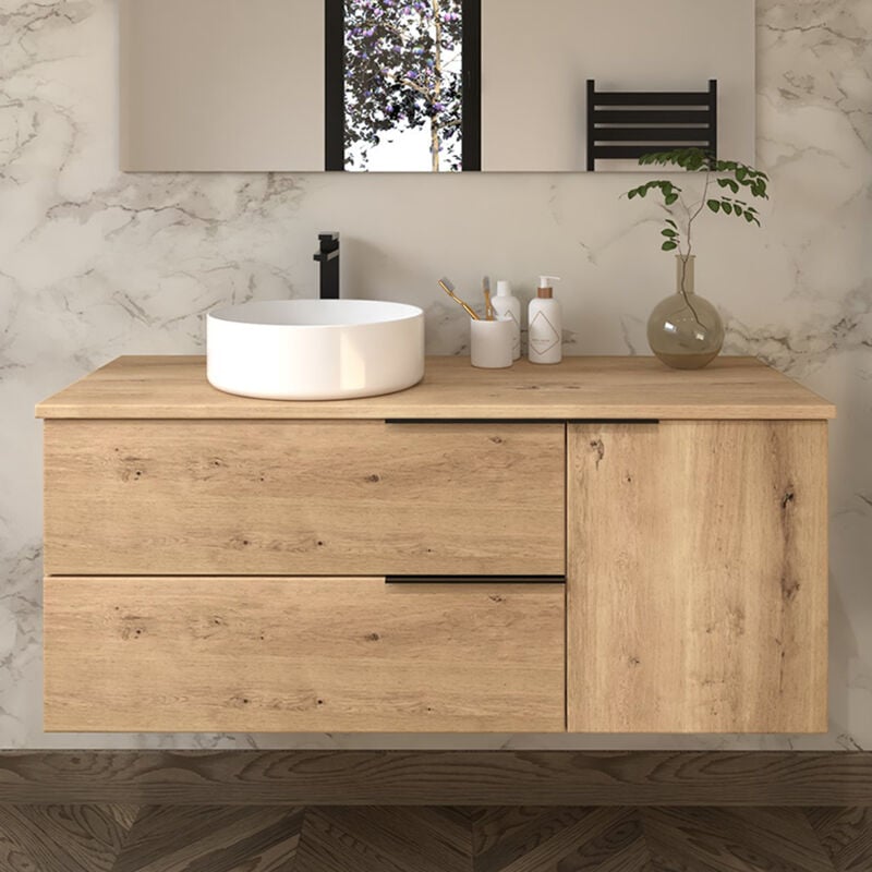 Meuble de salle de bain 100cm avec vasque à poser ronde - 2 tiroirs - sans miroir - roble (chêne clair) - KING