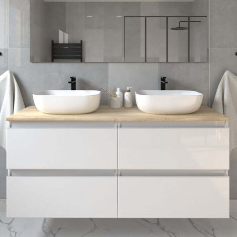 Meuble de salle de bain sans miroir avec vasques à poser arrondie - blanc - BALEA - 120cm