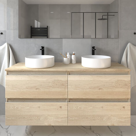 Meuble de salle de bain sans miroir avec vasques ronde - bambou (chêne clair) - - bambou (chêne clair) - BALEA - 120cm