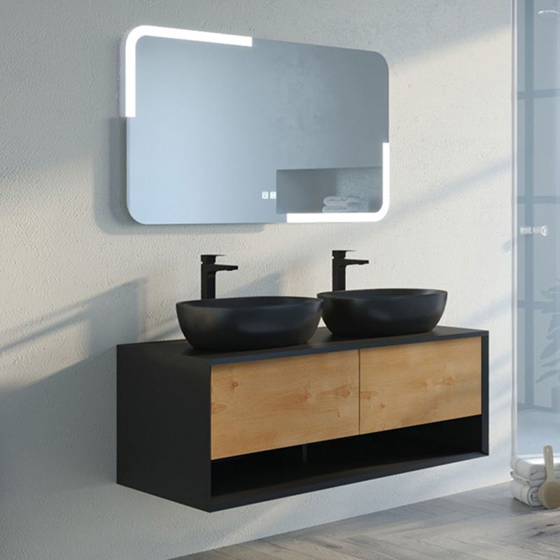 Meuble de salle de bain SANZA 1200 Noir et Bois Naturel (sans miroir)