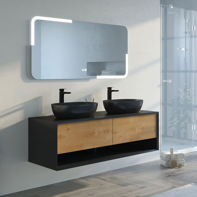 Distribain - Meuble de salle de bain sanza 1400 Noir et Bois Naturel (sans miroir)