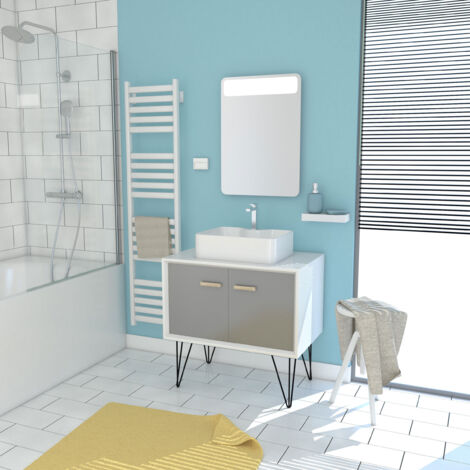 meuble de salle de bain scandinave blanc et gris 80 cm sur pieds avec portes - vasque à poser et miroir led