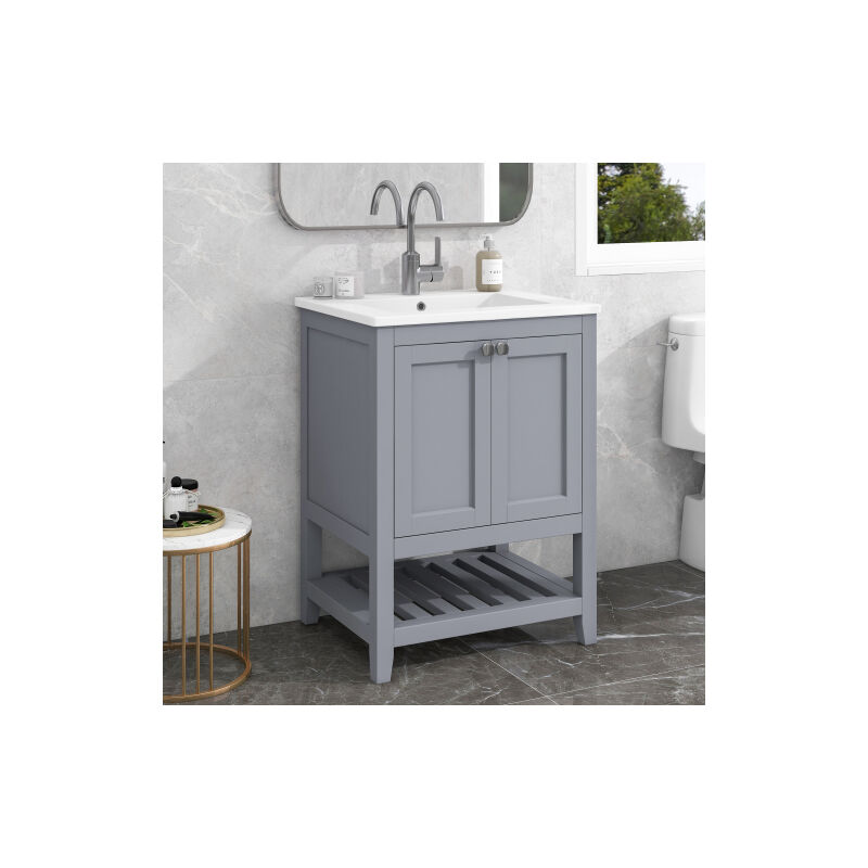 Ineasicer - Meuble de salle de bain simple lavabo avec meuble bas 60cm avec lavabo en céramique,gris clair