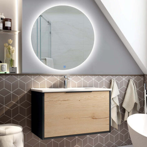 Meuble de salle de bain simple vasque - 1 façade et 2 tiroirs - ALBA et miroir rond SOLEN - 80cm