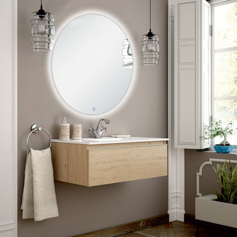 Meuble de salle de bain simple vasque - 1 tiroir - bambou (chêne clair) - PENA et miroir rond Led SOLEN - 80cm