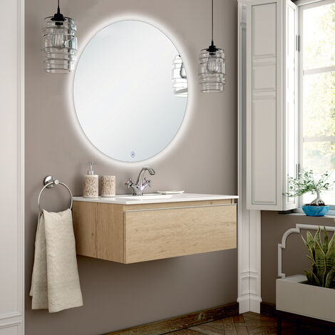 Meuble de salle de bain simple vasque - 1 tiroir - PENA et miroir rond Led SOLEN - 80cm - Bambou (chêne clair)