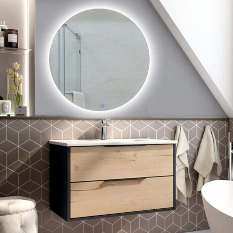 Meuble de salle de bain simple vasque - 2 tiroirs - ALBA et miroir rond SOLEN - 80cm