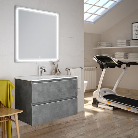 Meuble de salle de bain simple vasque - 2 tiroirs - BALEA et miroir Led VELDI - 60cm - Ciment (gris)