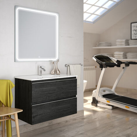 Meuble de salle de bain simple vasque - 2 tiroirs - BALEA et miroir Led VELDI - 60cm - Ebony (bois noir)