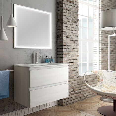 Meuble de salle de bain simple vasque - 2 tiroirs - BALEA et miroir Led VELDI - 70cm - Hibernian (bois blanchi)