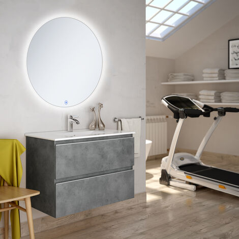 Meuble de salle de bain simple vasque - 2 tiroirs - BALEA et miroir rond Led SOLEN - 60cm - Ciment (gris)