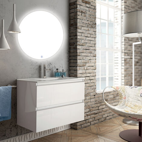 Meuble de salle de bain simple vasque - 2 tiroirs - BALEA et miroir rond Led SOLEN - 70cm - Blanc