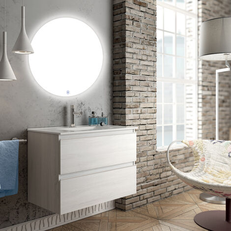 Meuble de salle de bain simple vasque - 2 tiroirs - BALEA et miroir rond Led SOLEN - 80cm - Hibernian (bois blanchi)
