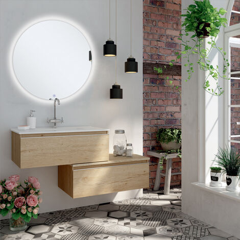 Cosyneo – Meuble sous vasque simple 120cm – 2 tiroirs en bambou (chêne clair) – Miroir rond Led 80cm – Matériaux hydrofuges