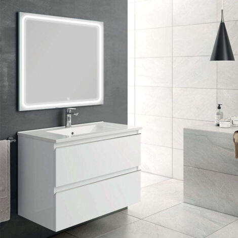 Meuble de salle de bain simple vasque - 2 tiroirs - blanc - BALEA et miroir Led VELDI - 100cm