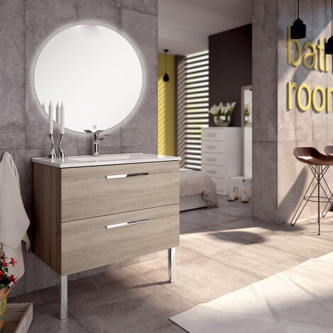 Meuble de salle de bain simple vasque - 2 tiroirs - CINTO et miroir rond led SOLEN - 80cm - Cambrian (chêne)
