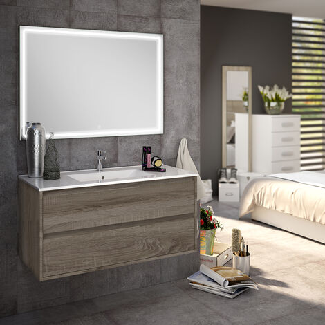 Meuble de salle de bain simple vasque - 2 tiroirs - IRIS et miroir Led VELDI - 80cm - Britannia (chêne foncé)