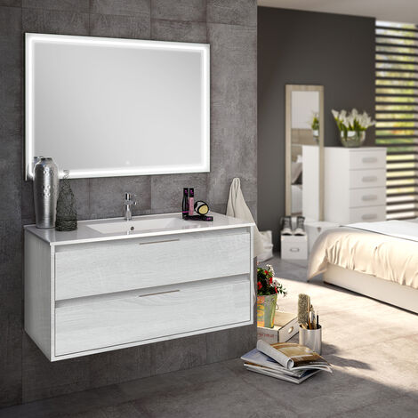 Meuble de salle de bain simple vasque - 2 tiroirs - IRIS et miroir Led VELDI - 80cm - Hibernian (bois blanchi)