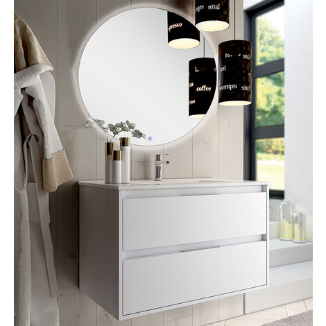 Meuble de salle de bain simple vasque - 2 tiroirs - IRIS et miroir rond Led SOLEN - 80cm - Blanc