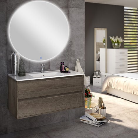 Meuble de salle de bain simple vasque - 2 tiroirs - IRIS et miroir rond Led SOLEN - 80cm - Britannia (chêne foncé)