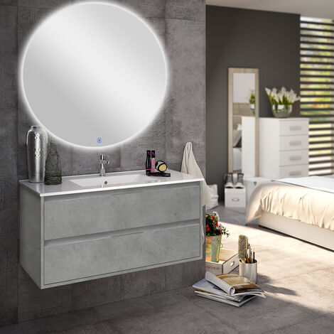 Meuble de salle de bain simple vasque - 2 tiroirs - IRIS et miroir rond Led SOLEN - 80cm - Ciment (gris)
