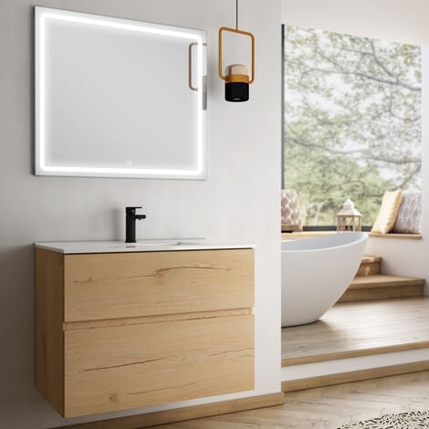 Meuble de salle de bain simple vasque - 2 tiroirs - MIG et miroir Led VELDI - 60cm - Roble (chêne clair)