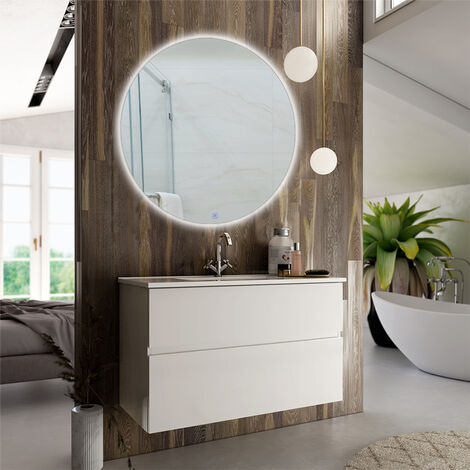 Meuble de salle de bain simple vasque - 2 tiroirs - MIG et miroir rond Led SOLEN - 60cm - Blanc