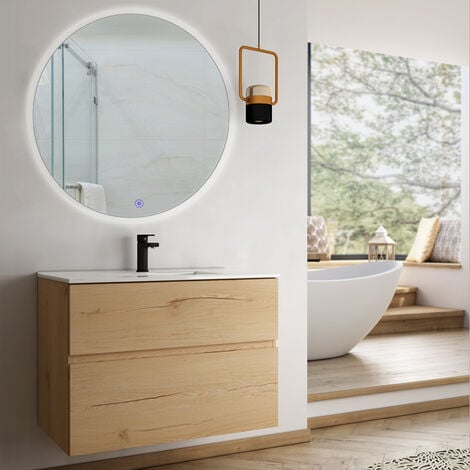 Meuble de salle de bain simple vasque - 2 tiroirs - MIG et miroir rond Led SOLEN - 70cm - Roble (chêne clair)