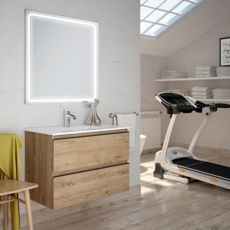 Meuble de salle de bain simple vasque - 2 tiroirs - TOURA et miroir Led VELDI - 80cm - Roble (chêne clair)