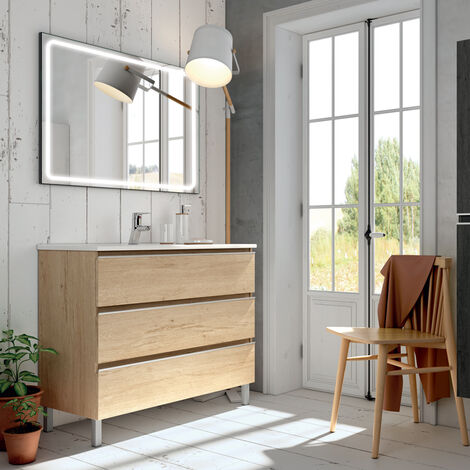 Meuble de salle de bain simple vasque - 3 tiroirs - bambou (chêne clair) - PALMA et miroir Led VELDI - 100cm