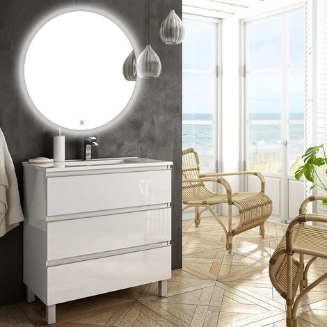 Meuble de salle de bain simple vasque - 3 tiroirs - blanc - PALMA et miroir rond Led SOLEN - 60cm