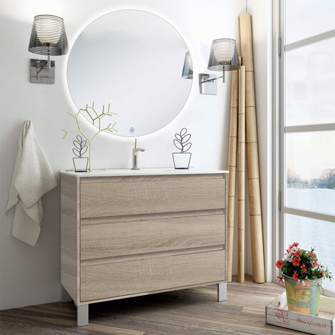 Meuble de salle de bain simple vasque - 3 tiroirs - cambrian (chêne clair) - TIRIS 3C et miroir rond Led SOLEN - 80cm